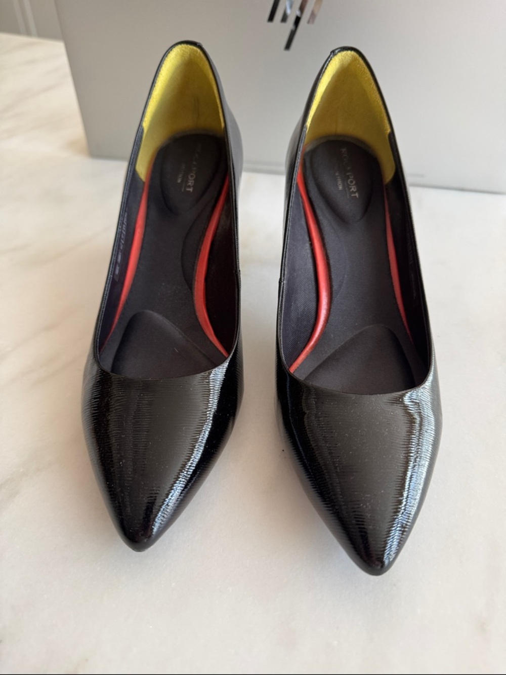 Rockport Black Patent Pointed-Toe Heels with Red and Yellow Accents